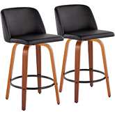 Toriano 26" Counter Stool in Black Leatherette, Walnut Finish & Black (Set of 2)
